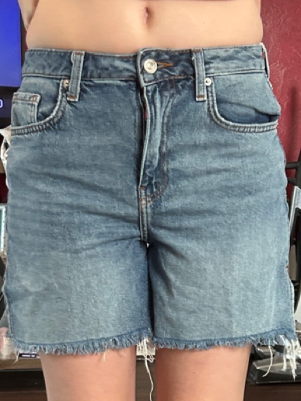 Forever 21 Medium Blue High-Rise Denim Shorts with Frayed Hem